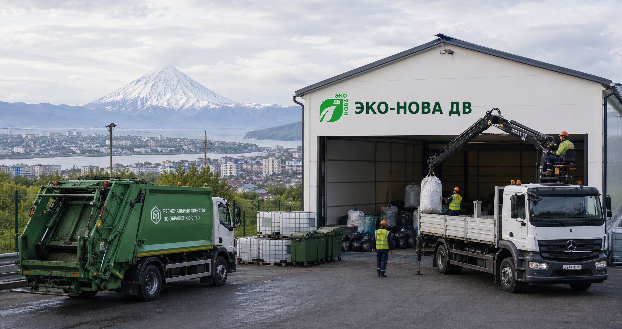 Площадка по обработке отходов ЭКО-НОВА ДВ на фоне вулканов Камчатки